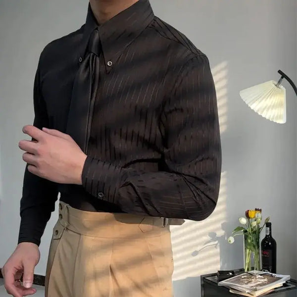 Business Square Collar Stripe Retro 2024 Autumn Men's Splicing Button Fashion  Versatile Casual Long  sleeved