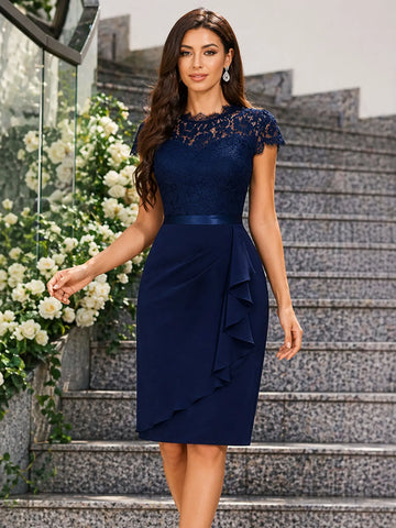 Womens Elegant Crew Neck Lace Short Sleeved Summer Wedding Fashion Knee Length Elastic Belt Solid