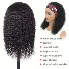 200% Density Human Hair Wig Short Headband Bob Wig Natural Black Short Curly Bob Cut Glueless Kinky Curly Headband Wig
