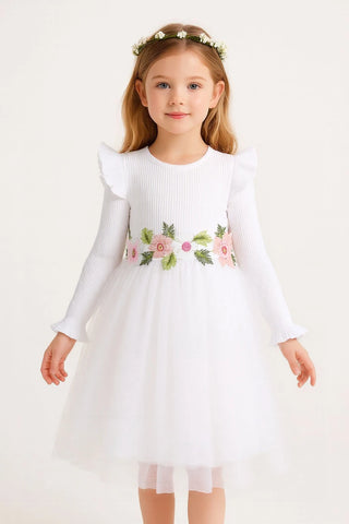 Girls' Long-Sleeve Tulle Dress Flower Belt Elegant Casual Spring Autumn