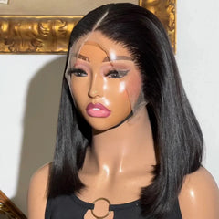 100% Vietnamese Super Double Drawn Bone Straight 13x4 Frontal Bob Wig with Human Hair Natural Black 210% Density For Black Women