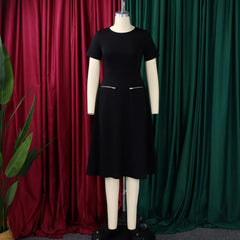 2026 Women's Elegant Simple Solid Color Dress Round Neck A-Line Shape Slimming Effect Waist-Slimming Full Dress