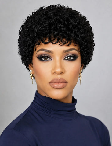 Pixie Cut Jerry Curly Human Hair Wigs Pre-Cut Style Machine Made Wigs 4 Inch Natural Color Short Curly Human Hair Wig For Women
