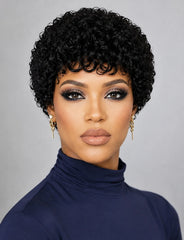 Pixie Cut Jerry Curly Human Hair Wigs Pre-Cut Style Machine Made Wigs 4 Inch Natural Color Short Curly Human Hair Wig For Women
