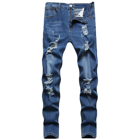 Jeans Men Hole Distressed Pencil Pants Slim Fit Vintage Zipper Fly Pockets Solid Colour Washed Denims