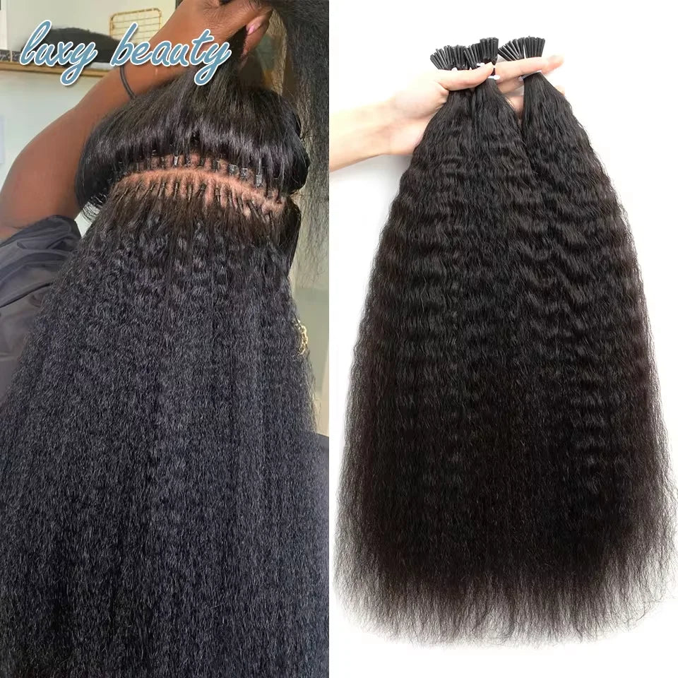 Kinky Straight Microlinks Hair Extensions Human Hair Natural Black Keratin I Tip Nano Ring Hair Extension Silicone Beads 50g/Set