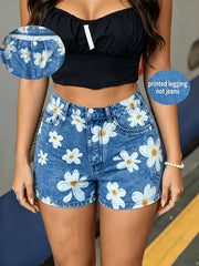 Printed Legging - Not Denim Fabric All-over Faux-Denim Printed 3-Inch Shorts with Faux Pocket and Button Print Details. New-a
