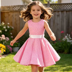 Girls Vintage Dress Party Retro Polka Dot Floral Pattern A line Dresses Pleated Skirt Knee Length for 4-10 Years