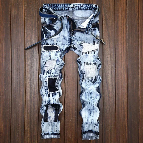 Men's Embroidered Patchwork Ripped Jeans (without Belt) Slim Fashion High Street Motorcycle Denim Pants Male Designer Clothes