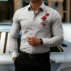 Men's Long-Sleeved Shirt, Featuring a Vintage Red Rose Print Design. A Stylish Business Casual Shirt and Fashionable Men's Top.