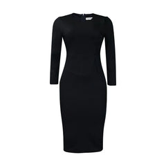 Women 2024 Autumn Pencil Dress Round Collar Full Sleeve Slim Vestidos Solid Tight Waist Temperament Office Lady Folds Dresses