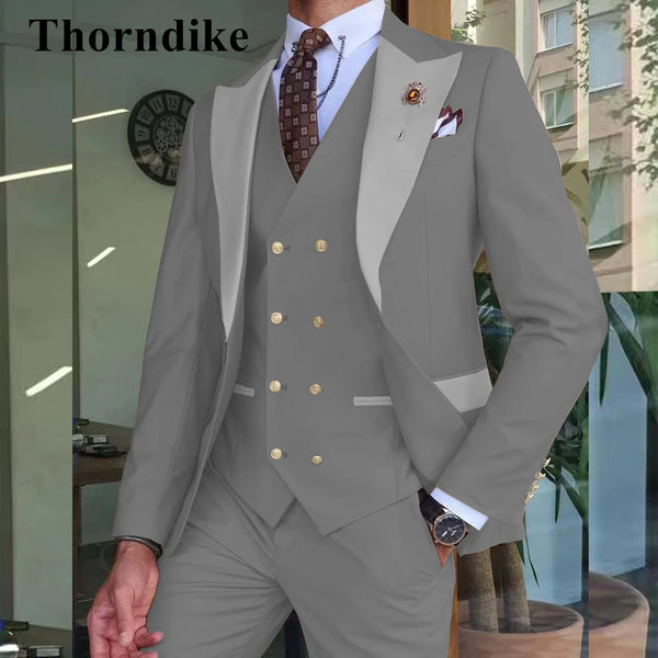 Gwenhwyfar 2024 Men Suits Khaki Color Peaked Lapel (Jacket+Vest+Pants) Slim Fit Handsome Formal Business Costume Homme