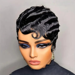 Black Finger Wave Human Hair Wig Short Pixie Cut Wigs Brazilian Human Hair Wigs Finger Ocean Wave Machine Made wig