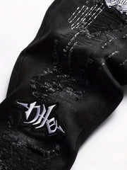 Men's Black Distressed Jeans Skull Patch & Embroidery Letter Print Slim Fit Stretch Denim Pants Street Fashion Biker Trousers