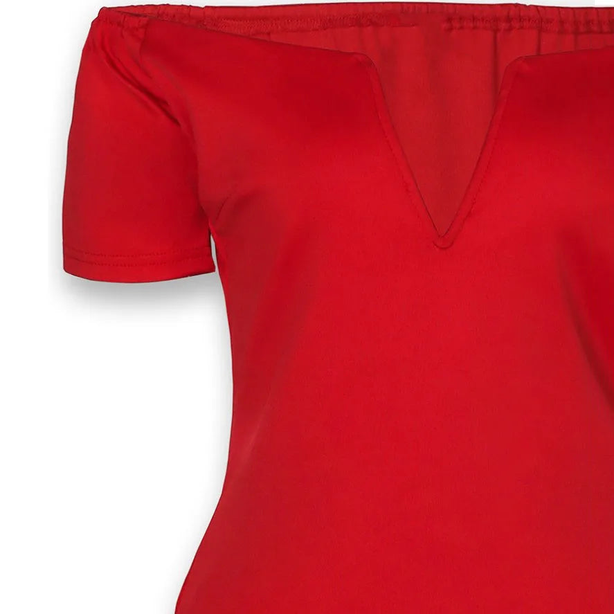 Lady V style off-the-shoulder fitted dress with a tight waist and a full skirt, a fitted evening for women