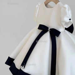 Baby Girl Princess Bow Pearl Silk Dress White Clothing Infant Toddler Vintage Vestido Wedding Party Birthday Baby Clothes 1-14Y