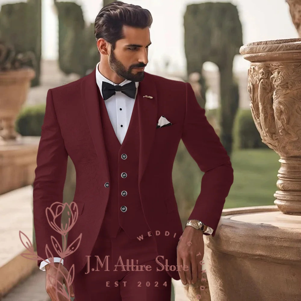 Men's White Jacquard Suit 3pcs Jacket Vest Pants Elegant Formal Fashion Set for Groom Wedding Prom Party Stylish Custom Tuxedo