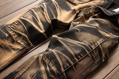 Jeans Men Vintage Distressed Pencil Pants Mid Waist Zipper Pockets Slim Ankle Length Trousers