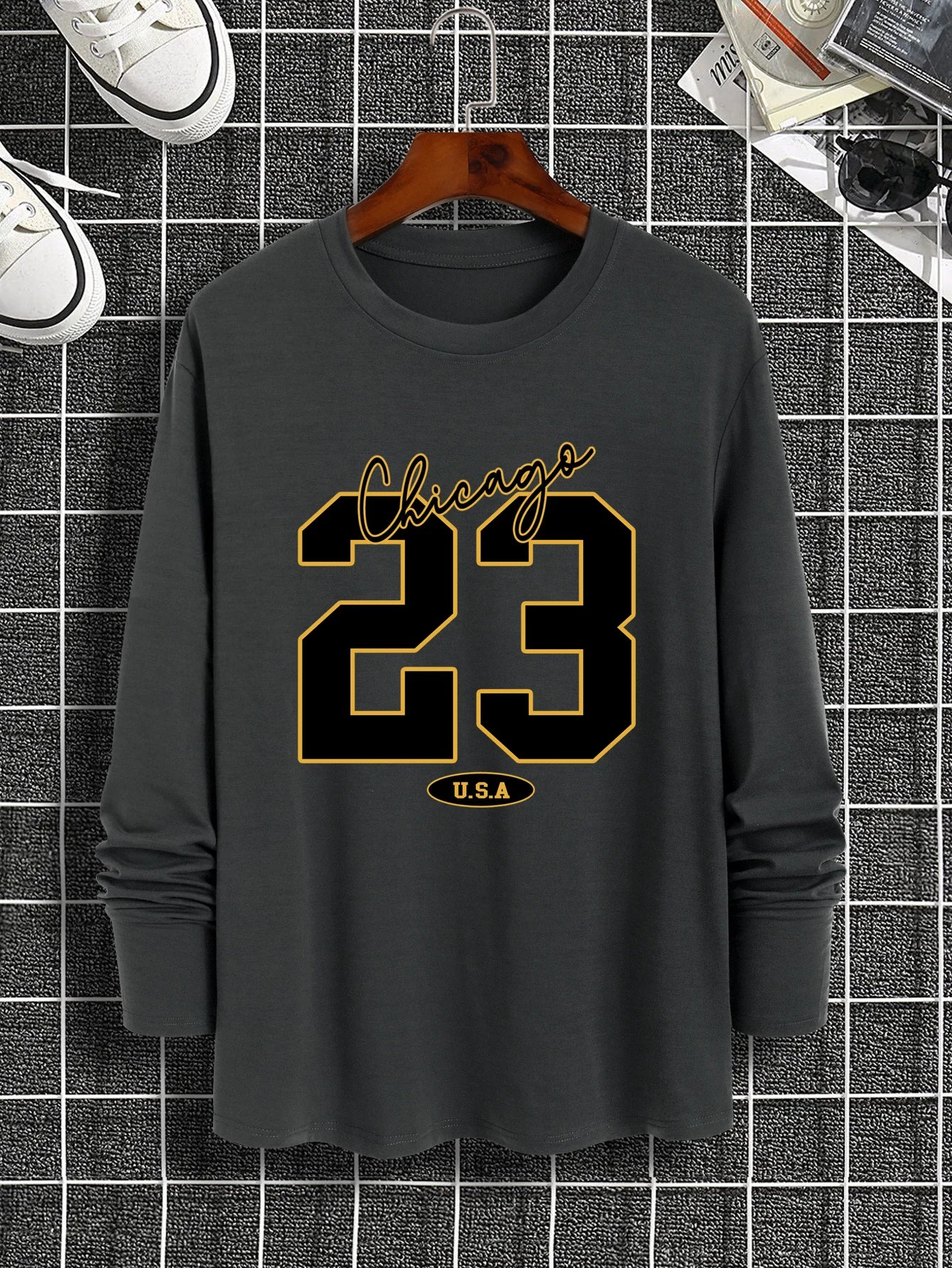 New long-sleeved T-shirt men's printed round neck long-sleeved T-shirt trend versatile casual tops men's clothing summer