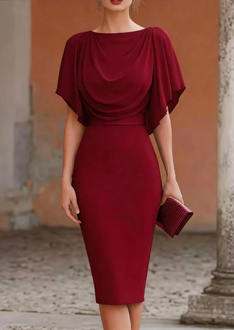 Women's Short Sleeve Midi Dress Cowl Neck Draped Cape Top Bodycon Skirt Elegant Party Evening