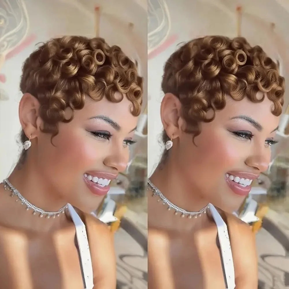 Brazilian Remy human hair Hair Full Machine Wig Curly Pixie Cut Short wig for Women Daily Wear