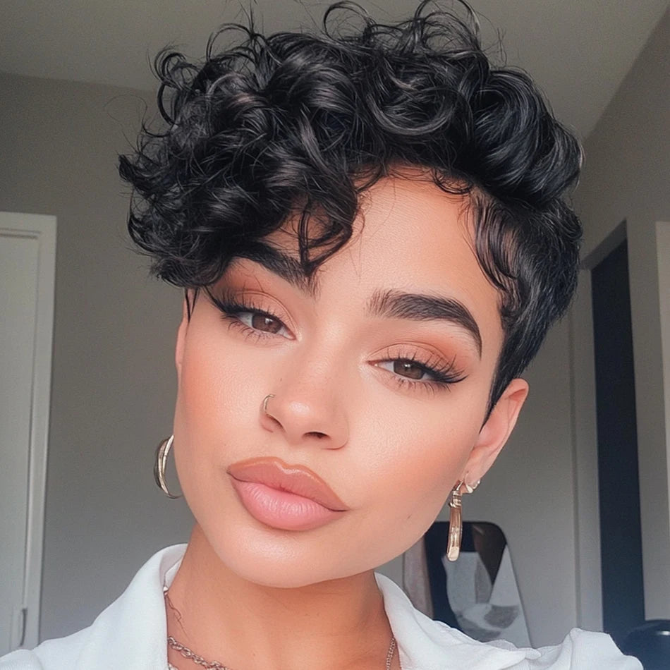 1B# Pixie Cut Human Hair Wig for Women 6" Layered Short Loose Curly with Bangs 180% Density Remy Brazilian Hair Machine Made Cap