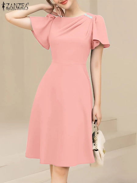 ZANZEA Elegant Women Dresses 2025 Summer  Fashion Short Sleeve Work OL Sundress Casual Party Knee-length Vestido Robe Femme