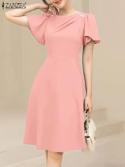 ZANZEA Elegant Women Dresses 2025 Summer  Fashion Short Sleeve Work OL Sundress Casual Party Knee-length Vestido Robe Femme