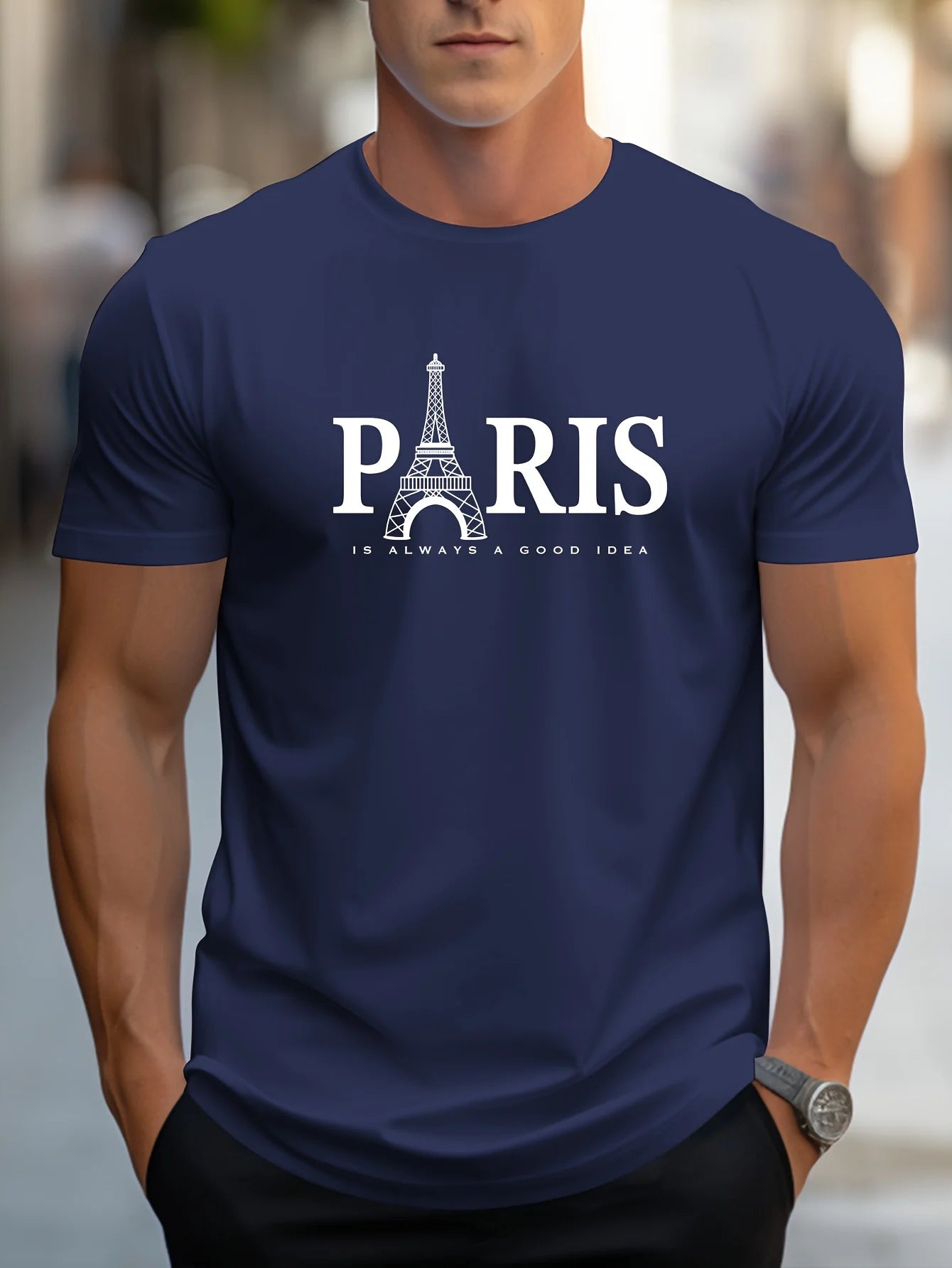 Summer Men's T Shirt Short Sleeve Paris Pattern Print Casual O-Neck Oversized