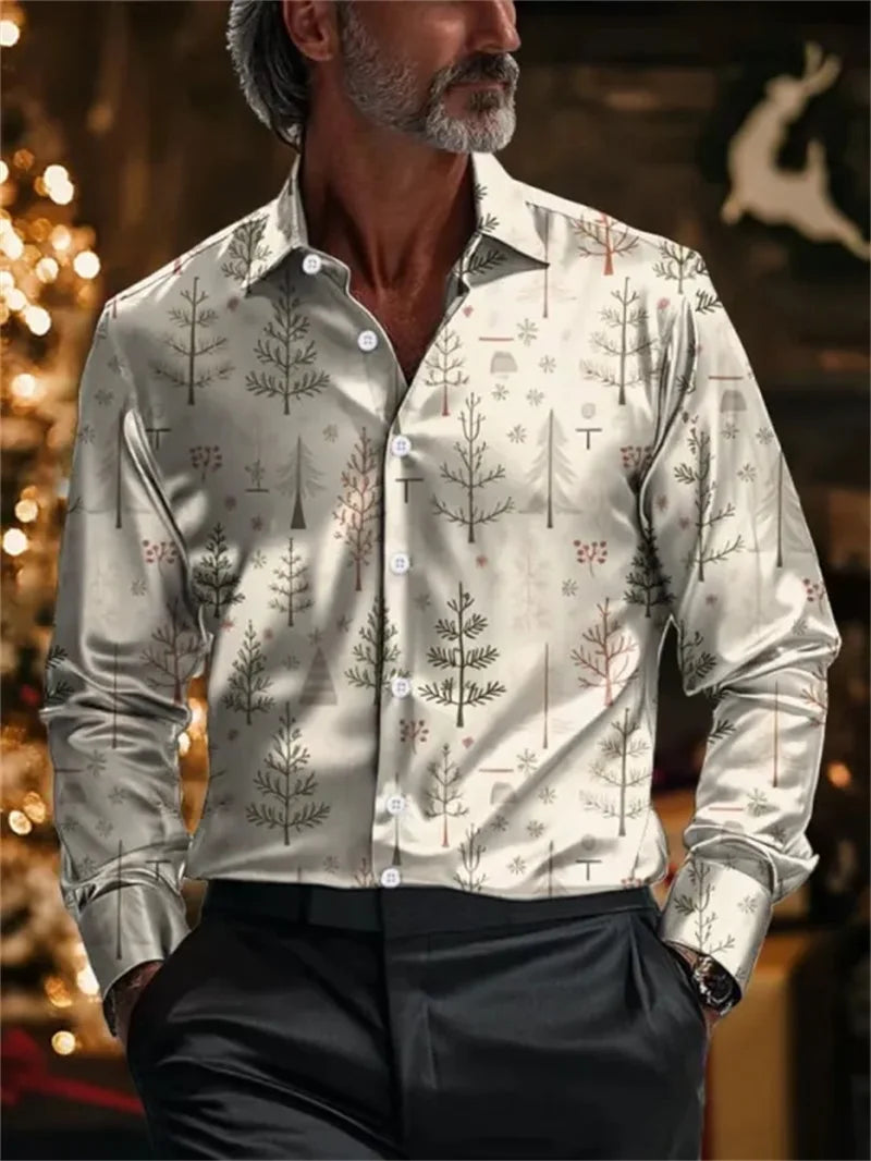 Men's business long sleeved button up shirt, Christmas 3D printed pattern, fashionable long sleeved casual shirt, high-quality c