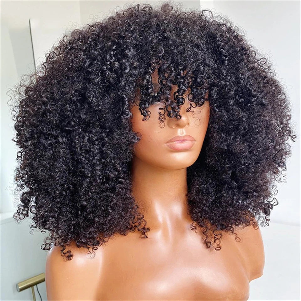 Mongolian Afro Kinky Curly wig with bangs wear to go Glueless wig Remy Brazilian Short Curly Bangs Wig Human Hair