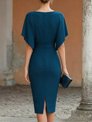 Women's Short Sleeve Midi Dress Cowl Neck Draped Cape Top Bodycon Skirt Elegant Party Evening