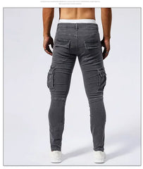 2025 New Men Street Elastic Denim Jeans Multi Pockets Cargo Pants Casual Slim Denim Trousers Fashion Y2k Joggers Baggy Man Pants