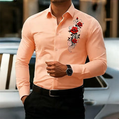 Men's Long-Sleeved Shirt, Featuring a Vintage Red Rose Print Design. A Stylish