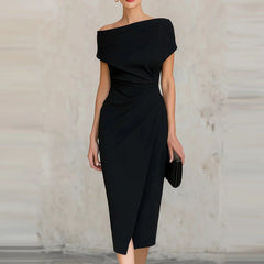 2026 Elegant One Shoulder Commute Midi Dress Summer Women Casual Hight Waist Solid Party Dress Fashion Draped Slim Skinny Dress