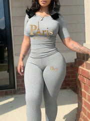 2026 Women's New Paris Printed Two-Piece Set, Casual Short-Sleeved Round Neck T-Shirt t