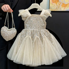 Kids Girl Clothes Sequined Flying Sleeves New Summer Party Dresses For Girls Elegant Mesh Vest Skirt Princess Dress Evening Prom