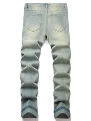 American Fashion Street Style Ripped Skinny Jeans  Street Riding Stretch Slim Fit Straight Pants Patchwork  Denim Trousers Male