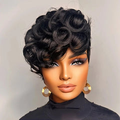 Pixie Cut Human Hair Wig 6" Layered Short Loose Curly With Bangs Remy Brazilian Hair Rose Net Cap Full Machine Made Wigs