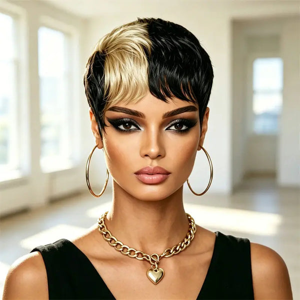 Pixie Cut Short Human Hair Wig Half Black Half Blonde Style Full Machine Made Wig Fashion Easy Wear Great For Women