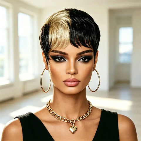 Pixie Cut Short Human Hair Wig Half Black Half Blonde Style Full Machine Made Wig Fashion Easy Wear Great For Women
