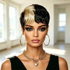 Pixie Cut Short Human Hair Wig Half Black Half Blonde Style Full Machine Made Wig Fashion Easy Wear Great For Women