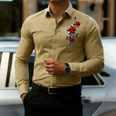 Men's Long-Sleeved Shirt, Featuring a Vintage Red Rose Print Design. A Stylish