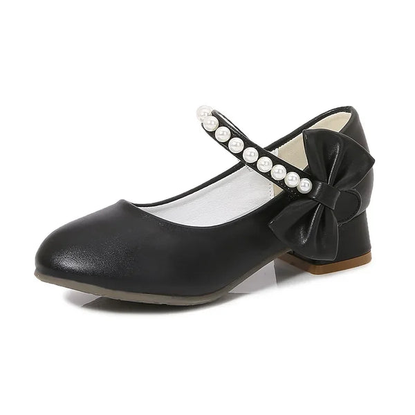 Children's Leather Shoes Elegant Girl Princess Shoes with Bowknot Fashion Chic Versatile Kids Party High-heels Shoes Black White
