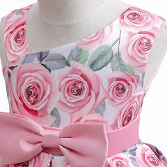 Roses Girls Dress Summer Sleeveless One Shoulder Bow Princess Kids Dress Christmas Birthday Party Costumes Children Clothing