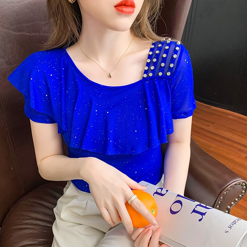 Summer 2022 Mesh T-Shirt Women Handmade Diamonds Ruffles Women Tops Tees Slim Sexy Oblique Collar Short Sleeve New T26201