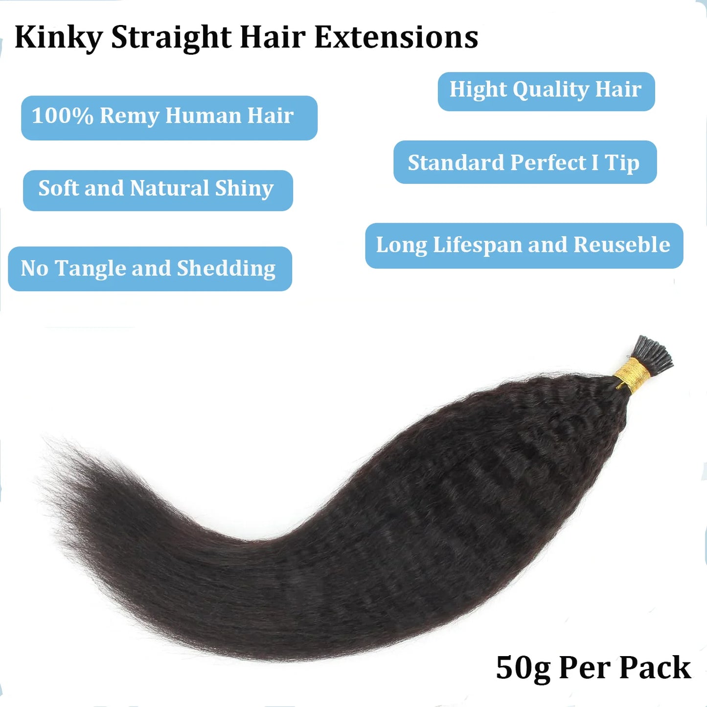 Kinky Straight I Tip Hair Extensions Real Human Hair 100% Brazilian Virgin Hair Itip Human Hair Extensions For Women 50 Gram #1B