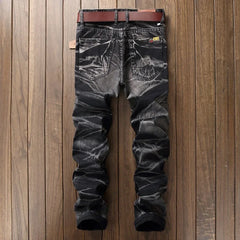 Jeans Men Vintage Distressed Pencil Pants Mid Waist Zipper Pockets Slim Ankle Length Trousers