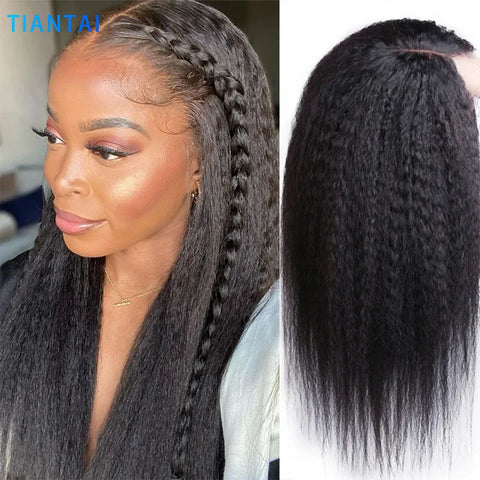 13x4 Kinky Straight Lace Front Wig Yaki Straight Lace Frontal Wig Brazilian 4x4 Guleless Lace Closure Human Hair Wig For Woman