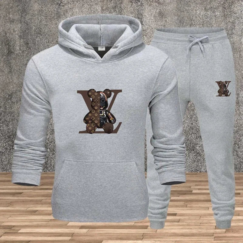 Men's hooded pullover + sweatpants fitness set for autumn and winter, casual jogging two-piece set